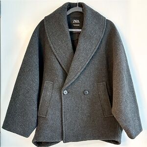 Zara Dark Charcoal Shawl-Collar Double-Breasted Peacoat